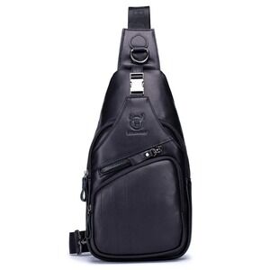 Bullcaptain NEW Black Leather Sling Chest Bag Crossbody Pack Adjustable Strap